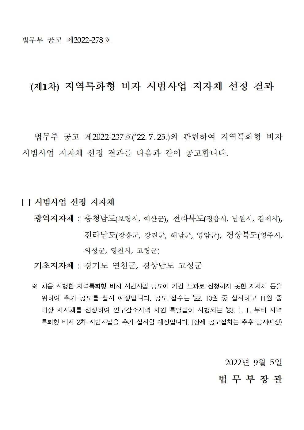 법무부 공고 제2022-237호('22.7.25.)와 관련하여 지역특화형 비자 시범사업 지자체 선정 결과를 다음과 같이 공고합니다.